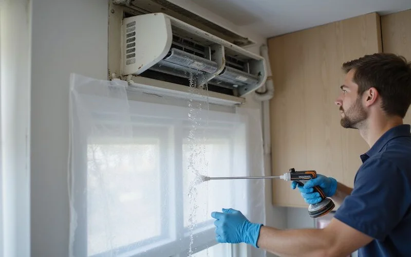 Close-up of an aircon indoor unit coil during a chemical wash, showing the cleaning process that removes mold buildup