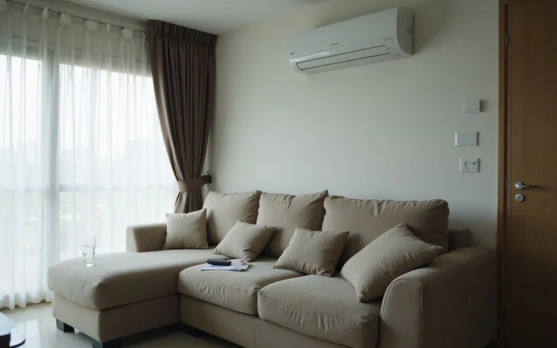 A wall-mounted aircon unit running continuously in a Singapore living room during the day