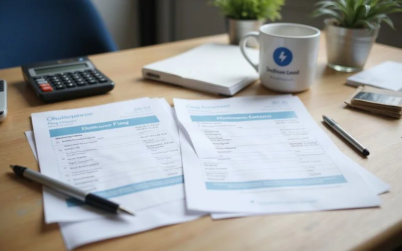 A homeowner reviewing an aircon maintenance contract document alongside a calculator, comparing cost against pay-per-visit servicing