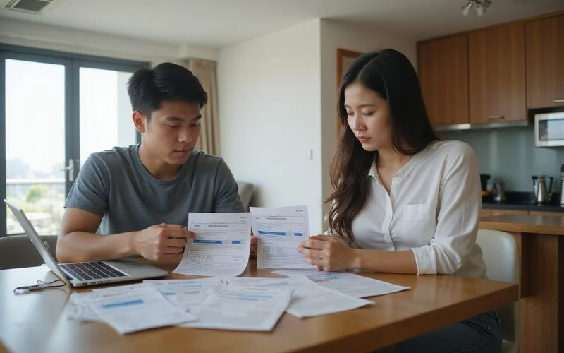 A person comparing two aircon servicing quotes on a laptop at a kitchen table in Singapore