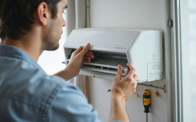 An indoor aircon unit being mounted on a wall bracket during installation in a Singapore home