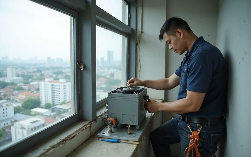 An outdoor condenser unit being mounted on a bracket outside a Singapore HDB flat during an aircon installation